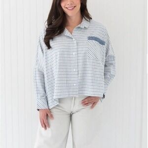Dondolo Womens‎ Amber Gingham Embroidered Pocket Oversized Blouse Blue Size 2